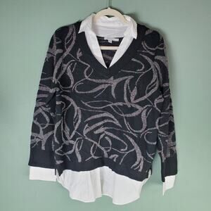 Chicos Womens Knit Woven Ribbon Print Pullover Sweater Size 2 Large